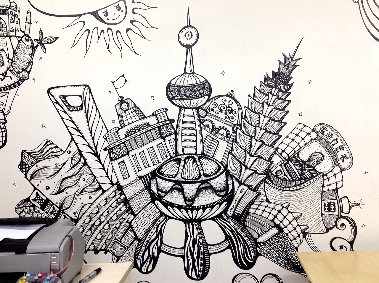 生活门 环球旅行 黑白装饰 墙绘