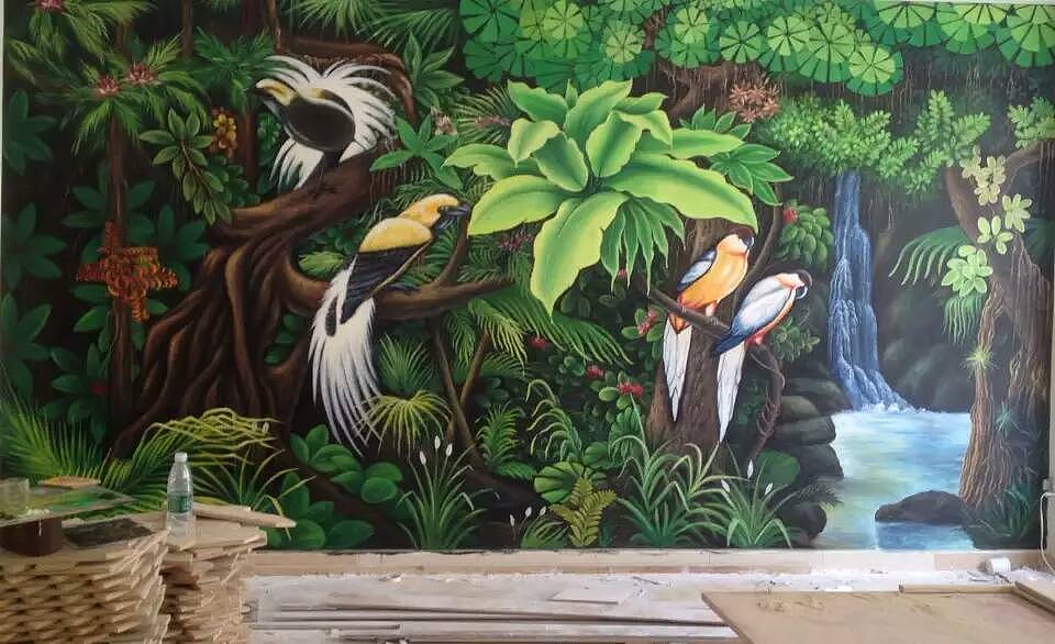 热带雨林写实手绘墙墙绘新中式餐厅手绘墙红色岁月串串店墙绘天顶画