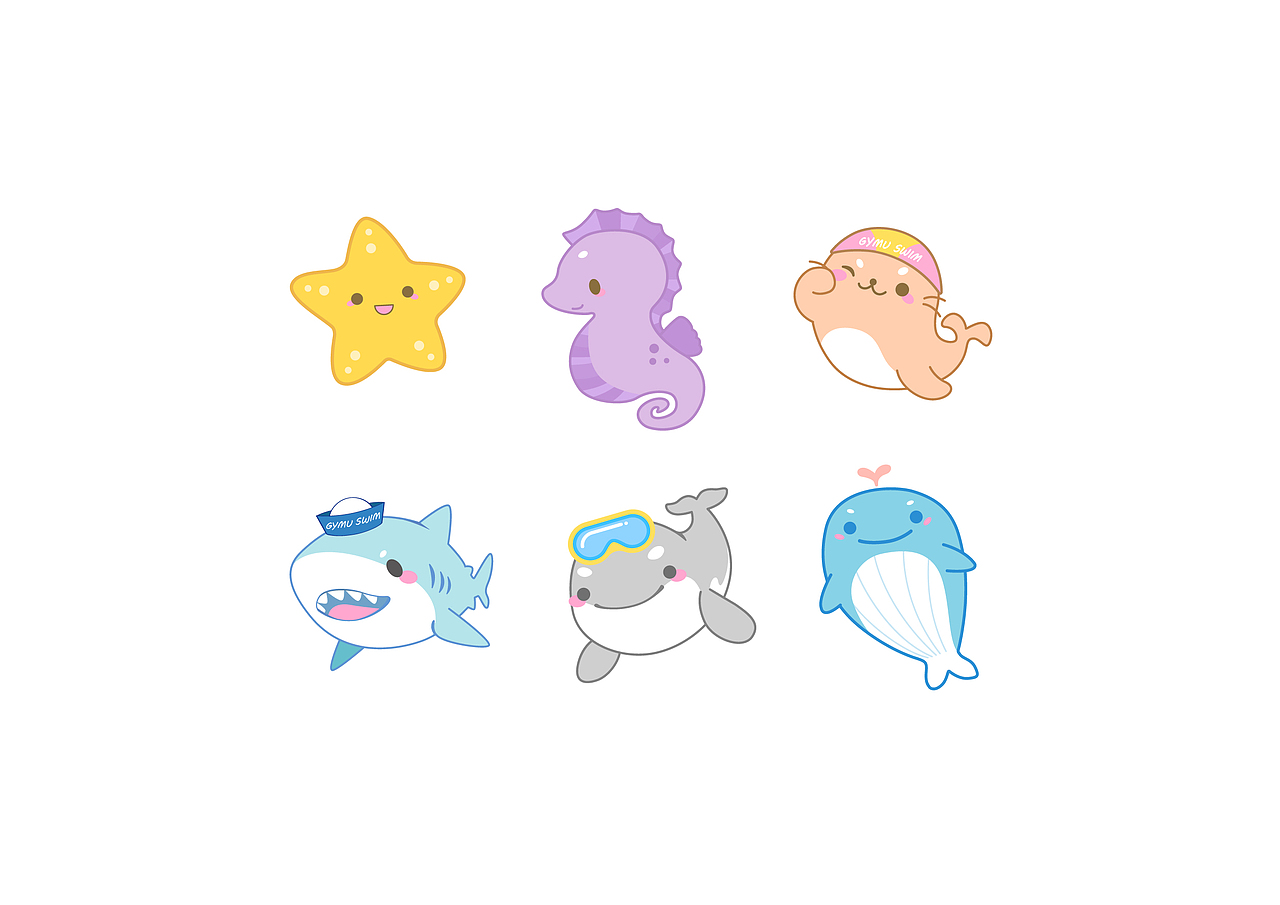 ▲白鲸Logo衍生出6个海洋宝贝形象:小海星、小海马、小海狮、小蓝鲨、小灰鲸、小蓝鲸,他们代表不同年龄,不同学习阶段的游泳宝贝。