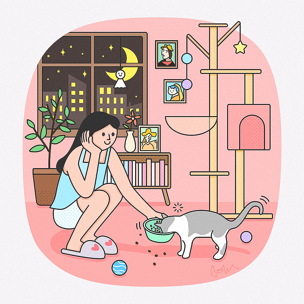 阿夫利吃饭习惯很差，总是把猫粮吃得一地都是，我不在的时候就吃很少，非得我拿着碗喂他才会全部吃完。