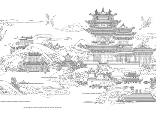 黄鹤楼阅江楼白描创作