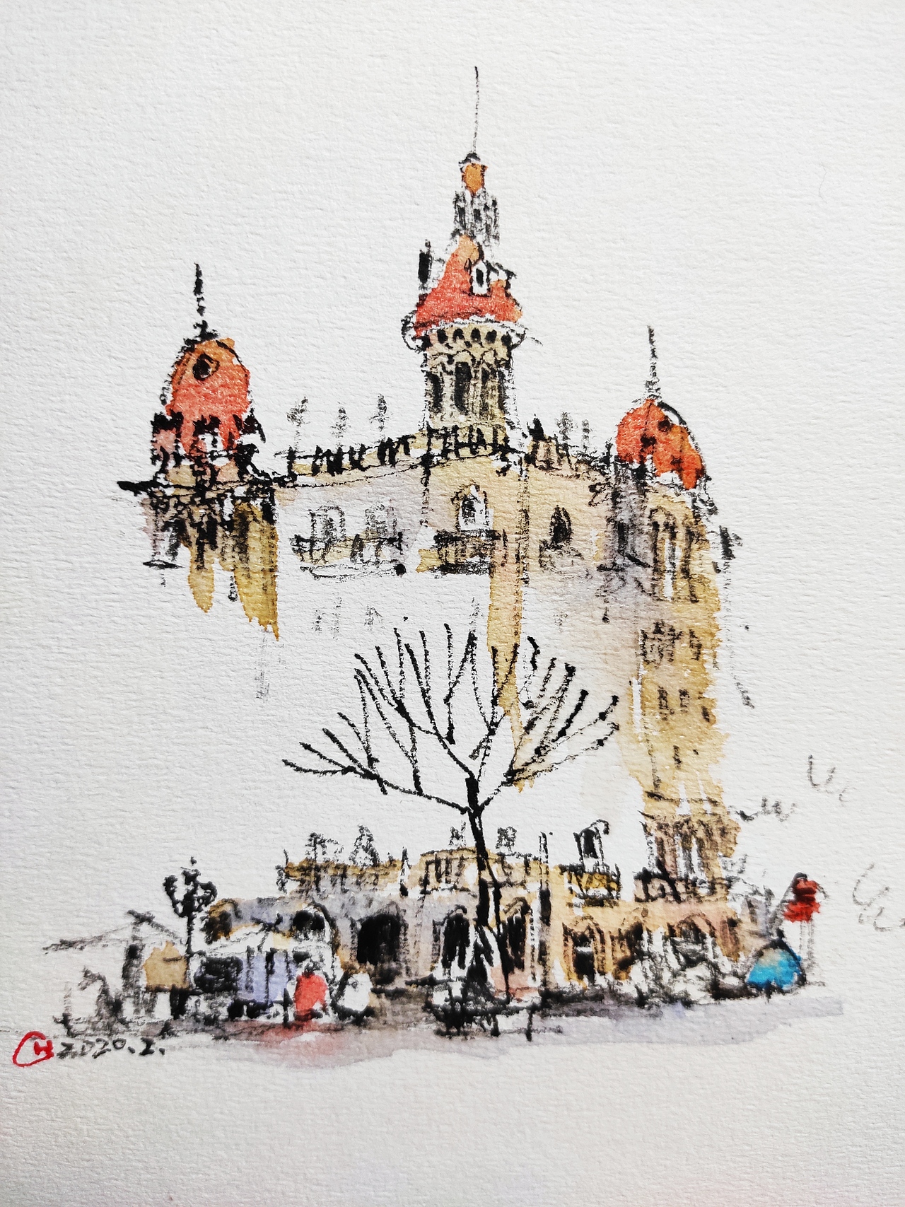 筷子淡彩建筑风景速写