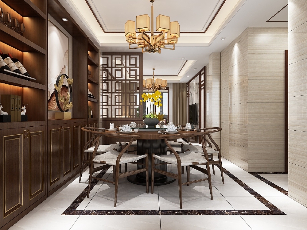酒柜设计的很高档,不会太死板,吊顶只在中间加了一圈实木格凸显中式特色很简约