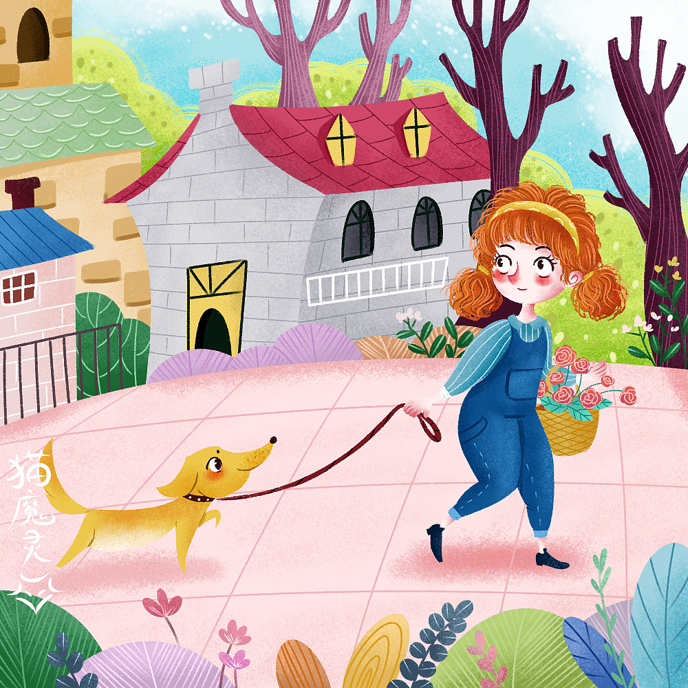 儿童插画遛狗