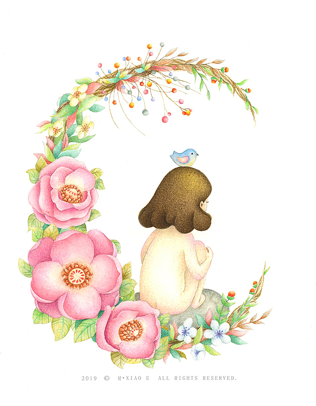 一组水彩手绘插画，少女与花小系列