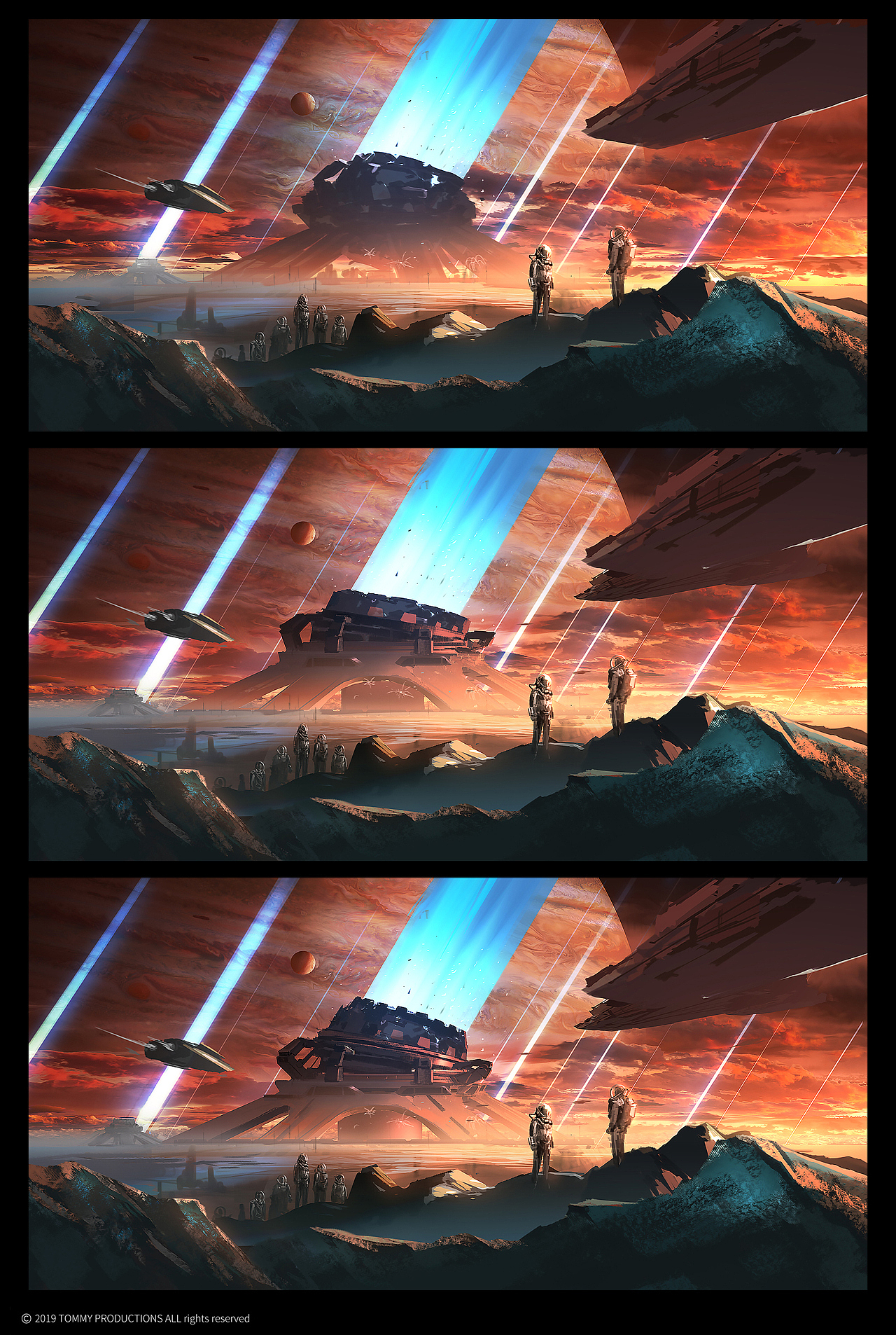 05
行星发动机细化——这是我创作整个画面里除了人物以外最复杂、用时最长的一个环节。行星发动机是电影设计团队创造出来的物体，现实中不存在，不可能找到相应的照片素材。最理想的方法是利用3D建模来完成，但我又不会3D，只能作为一个挑战，也是验证自己这个方法是否可行，最终效果我还是很满意的。具体方法发是：先对发动机的造型确定，我找到了一些电影《流浪地球》的官方设概念设定和海报等等作为参考。我个人非常喜欢这个设定，也看了《流浪地球》设计总监张勃老师的幕后制作分享，非常受益，更是为燃烧的激情添上了燃料，烧得更旺了。包括电影里很多道具的设定，都融入了我们国家自己的文化，非常非常棒的分享，喜欢的朋友也可以去网上看看那篇文章，稍微有点跑题。第二步是绘制出发动机的素描关系，确定受光面，和明暗交接线。这里需要把一些影响造型的大体快确定就可以，其实也都是简单的几何形体。因为上面的细节是不需要我们自己绘制的，可以用照片来帮助我们完成复杂的细节，也就是接下来的合成环节。<br>