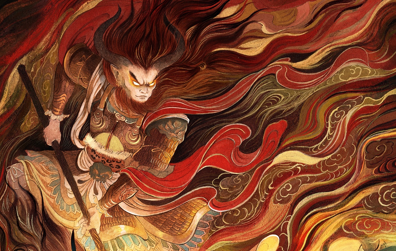 材料:不透明水彩,岩彩.手绘牛魔王海报