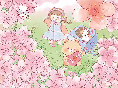 原创治愈系插画之樱花音乐节