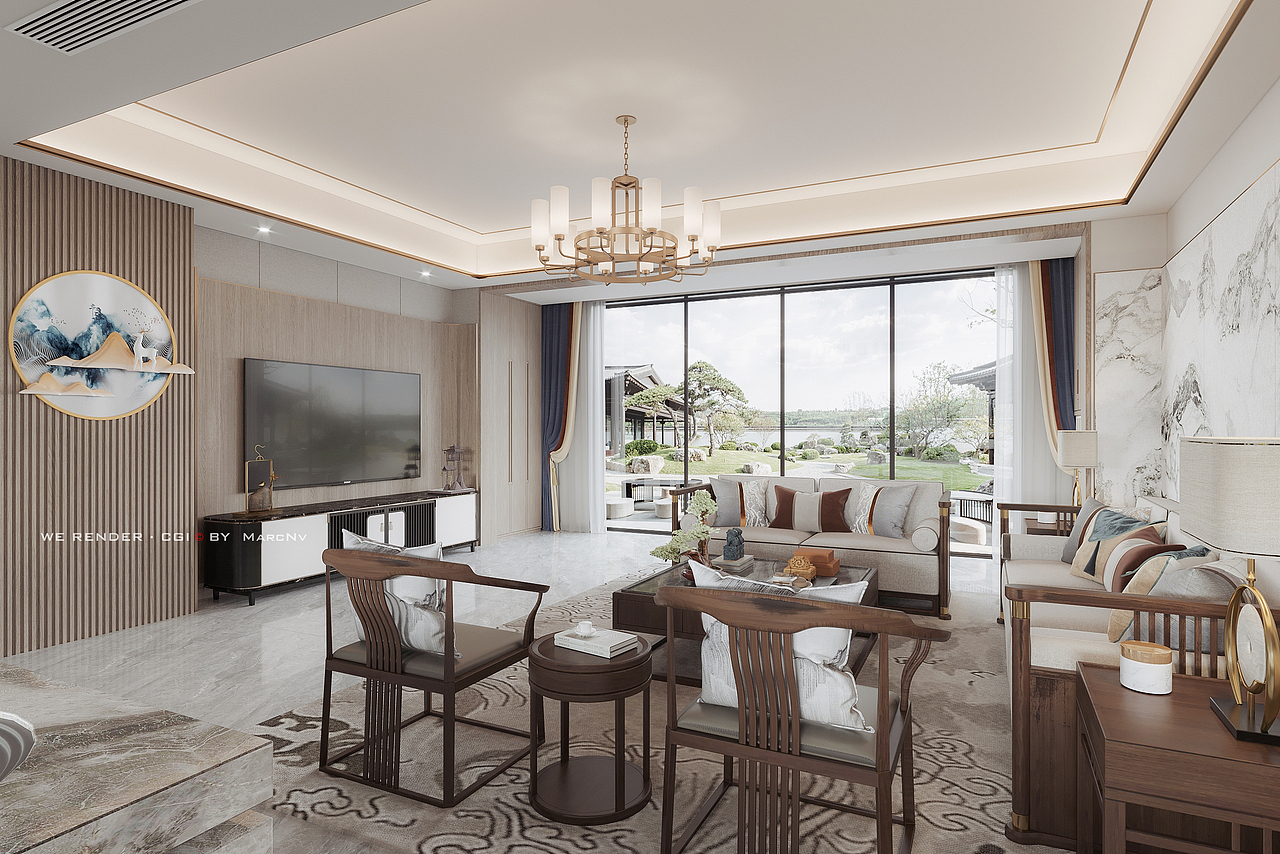 新中式客餐厅（图ZMjg0OTcxNzU2） - 家装设计 - 站酷设计师MarcNv原创素材 - 站酷ZCOOL