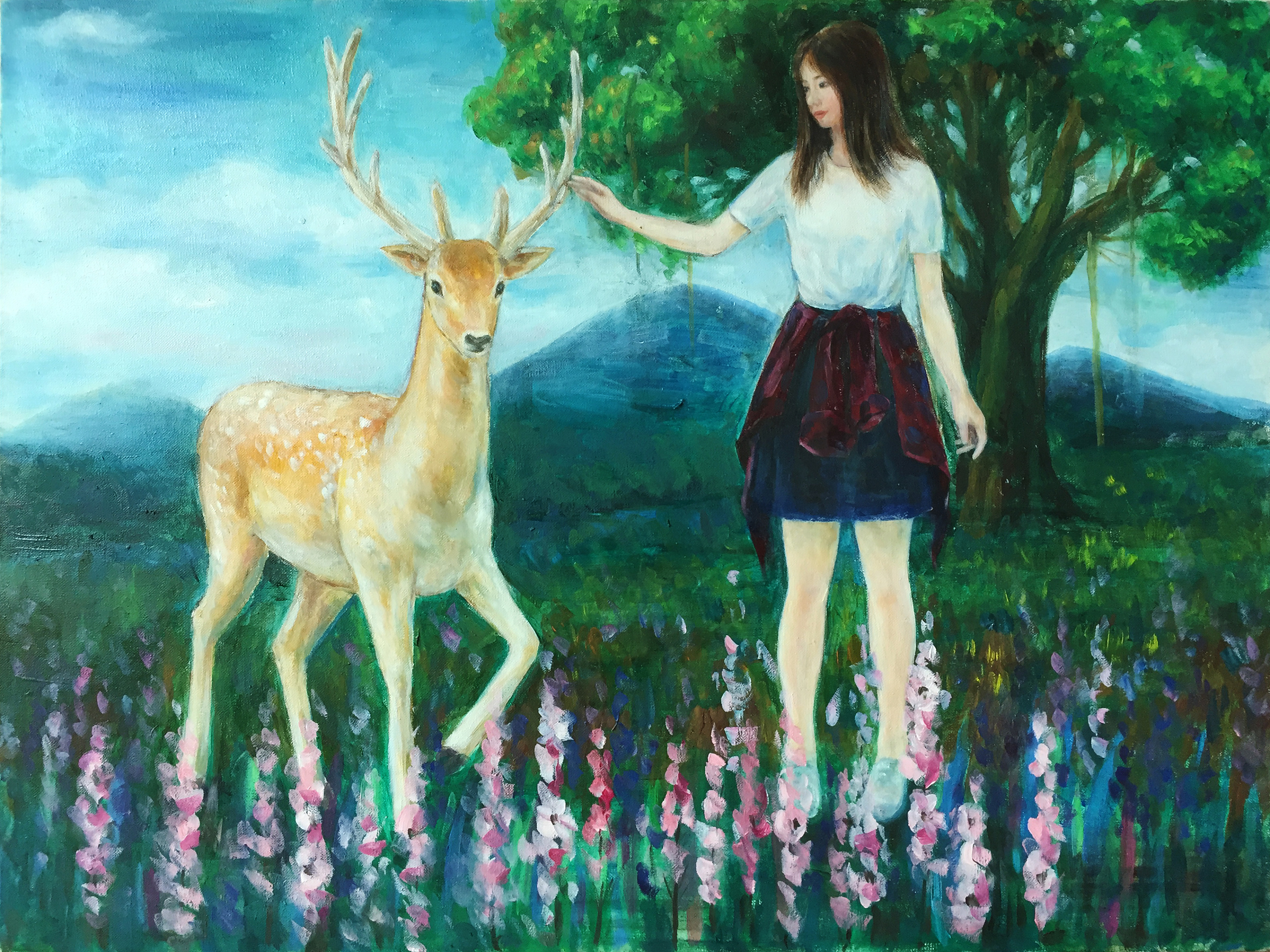 油画《少女与鹿》
