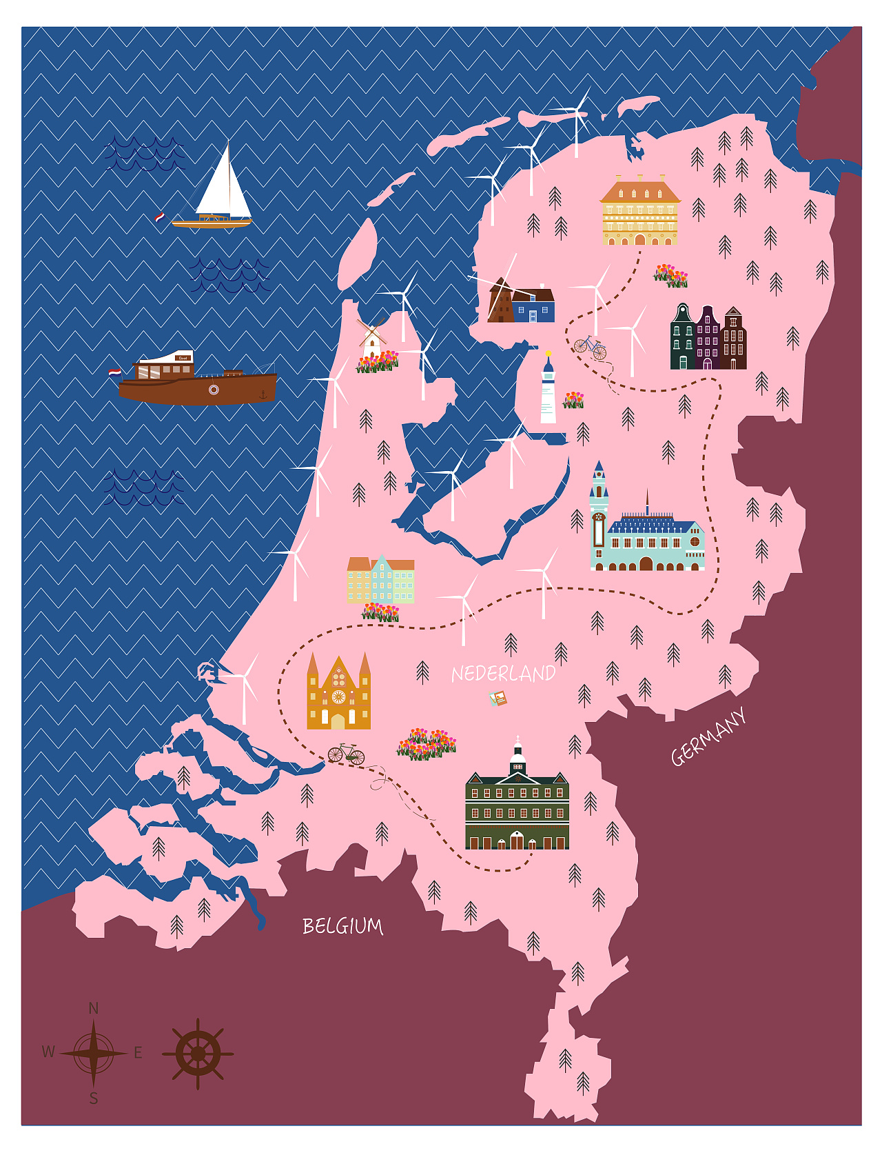 《运河之旅》之荷兰站 被荷兰的风景吸引 便创作了这幅荷兰地图 荷兰