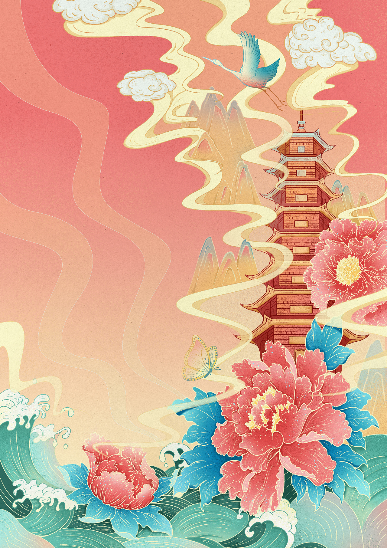 中国风商业插画(花卉,建筑)/洗面奶包装插画|插画|商业插画|白山楂