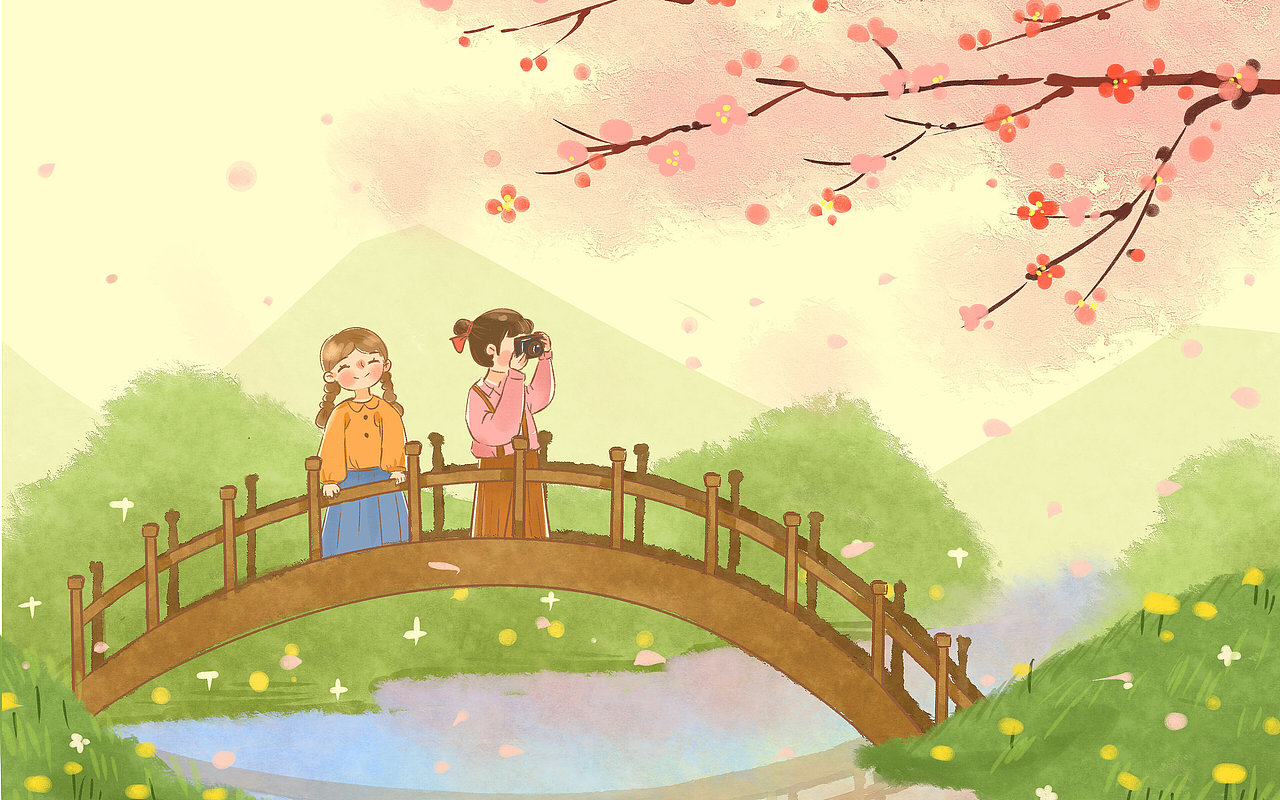 立春郊游卡通人物春天桃花立春节气png素材春天立春