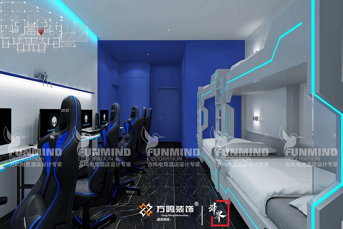 -电竞馆|电竞酒店网咖综合体设计装修_赛瑞电竞综合体设计-赛瑞电竞(5人间电竞客房)：近几年电竞酒店的火热，已经足以说明，高端玩家的住宿需求，我们在设计赛瑞电竞时，专门增设了2间电竞房。3人间、5人间各一间。