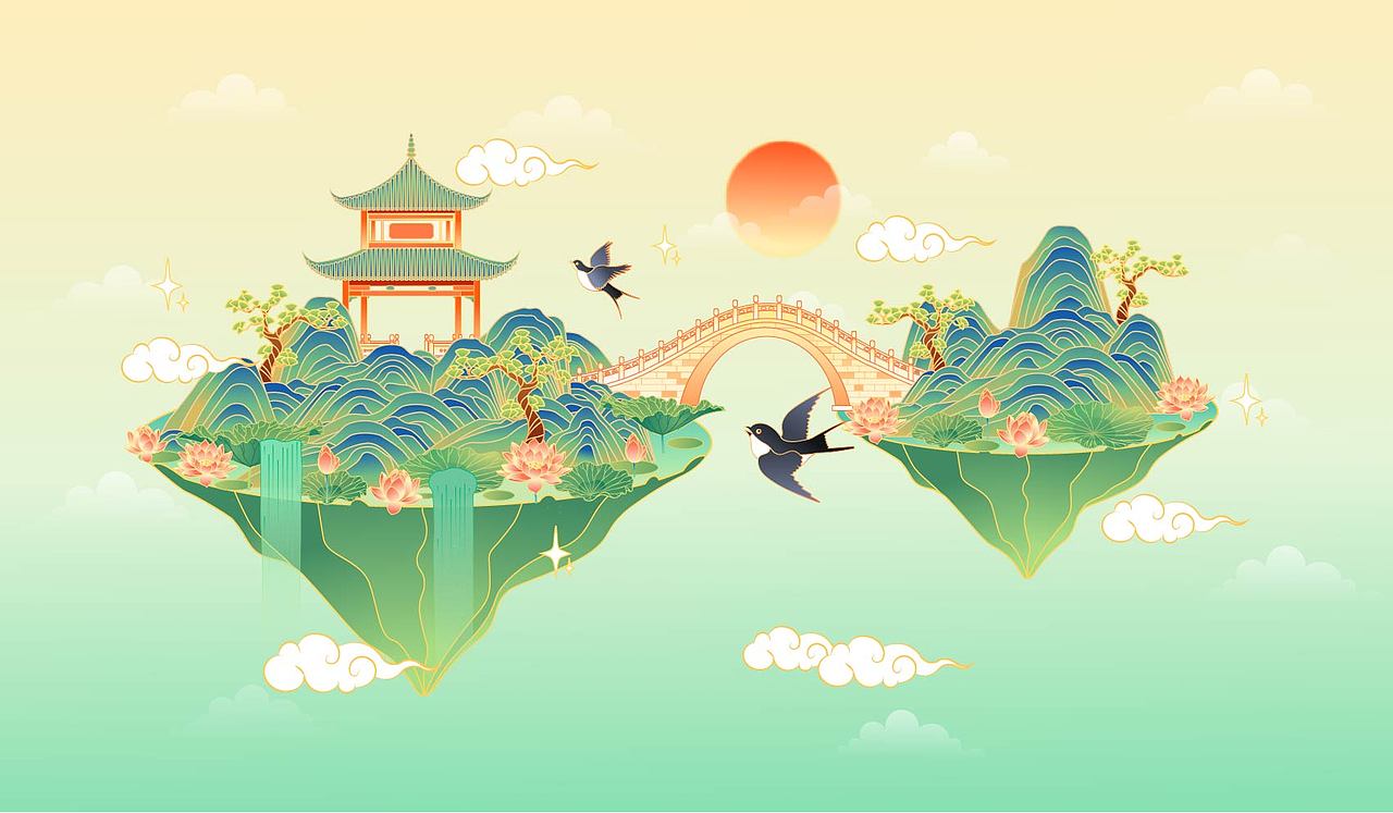 国风山水风景矢量插画