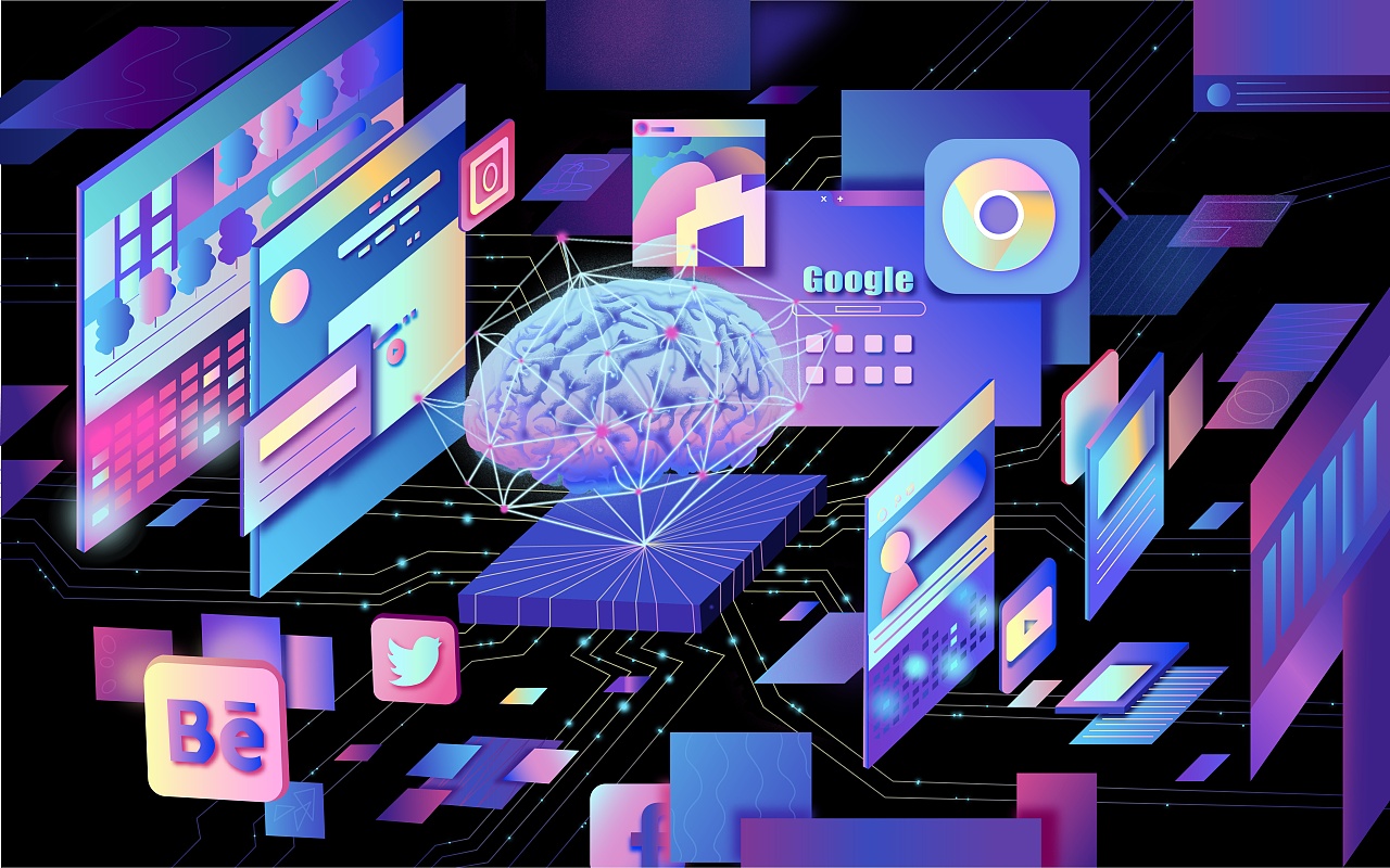 插画部分以,服 务于创意领域的 ai 为主题,创作了一系 列插画.