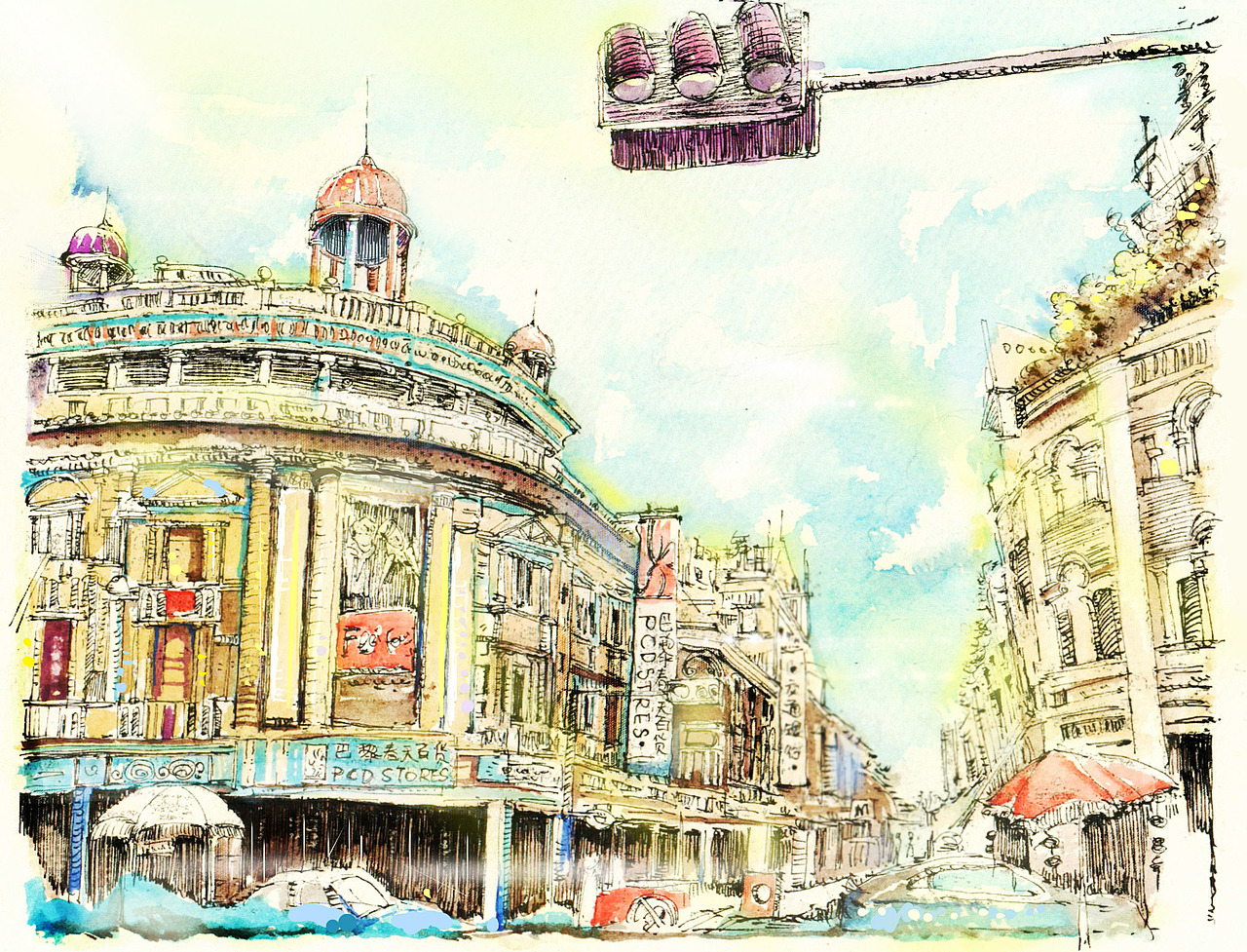 水彩建筑风景之彩色厦门