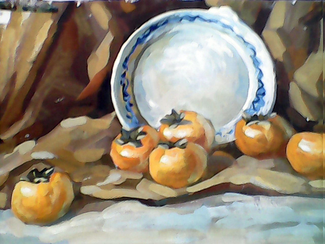 《有白盘子的静物》水粉