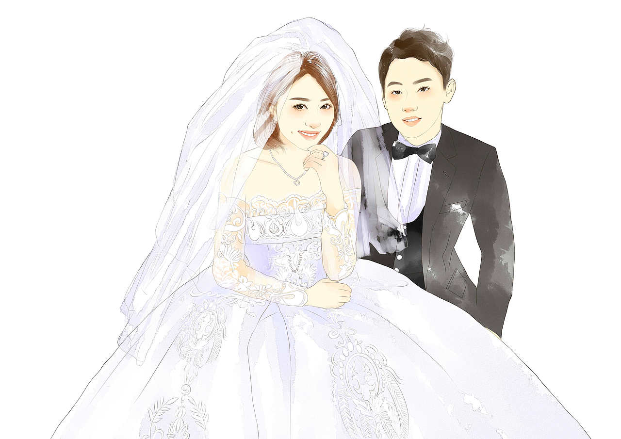 一些手绘婚礼插图,新人肖像