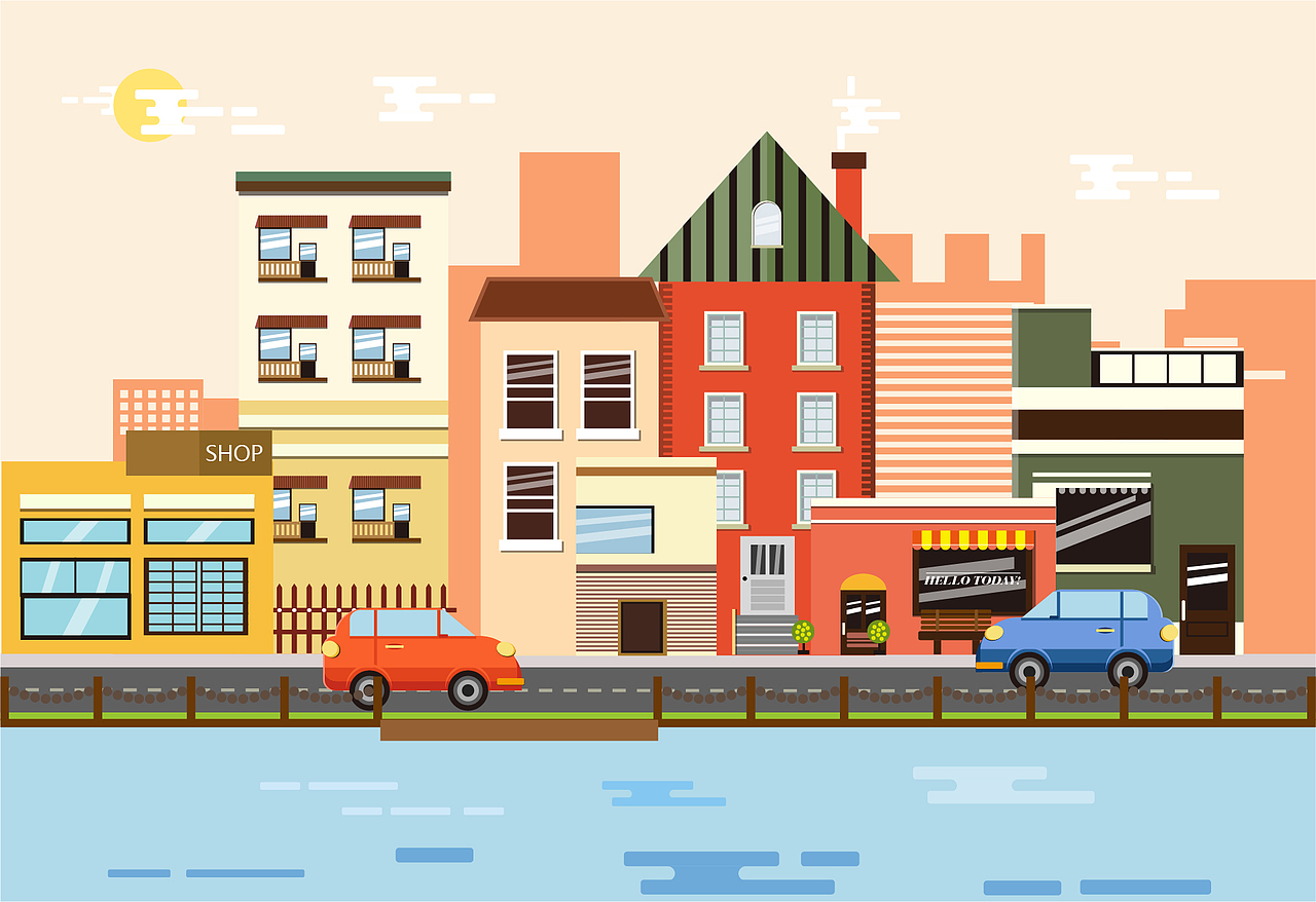 AI绘制扁平化街道场景插画