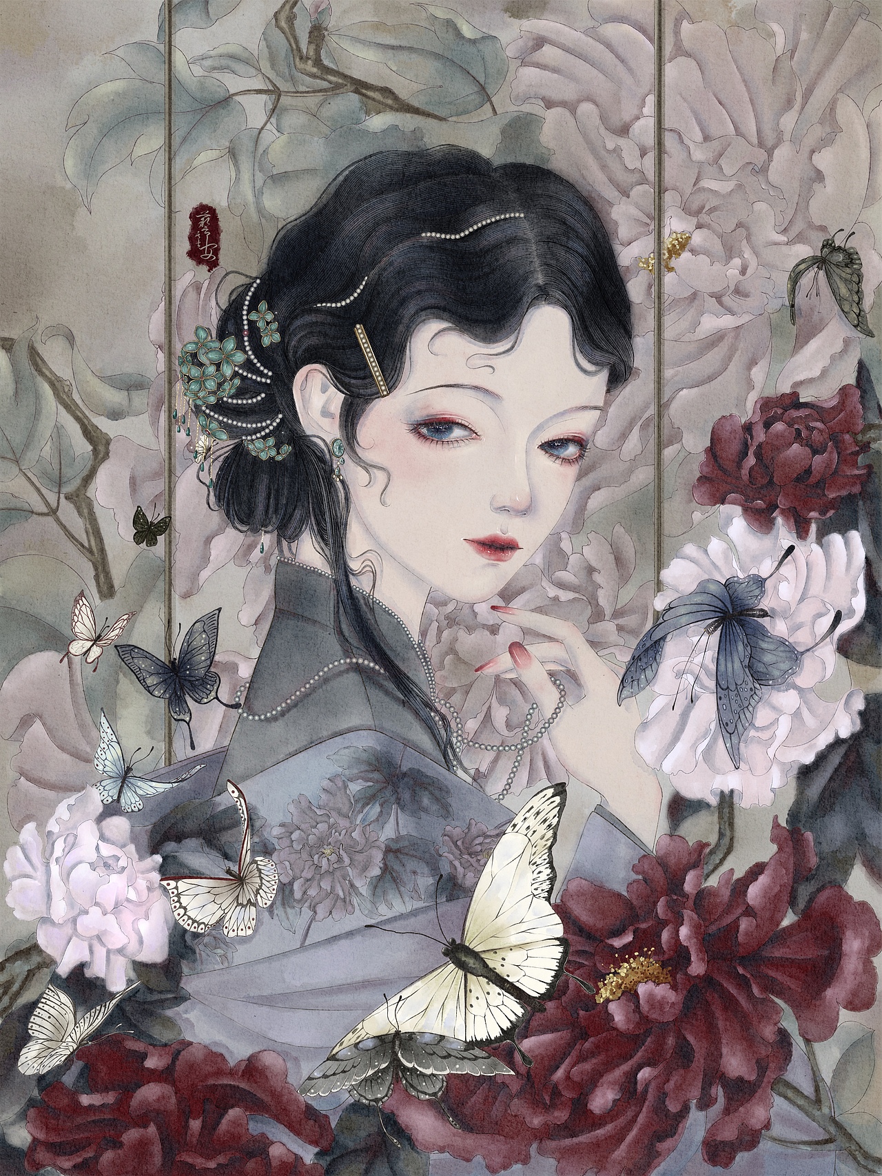 民国系列人物插画,以花为题,热烈,高洁,清冷三部曲关注私信版权成都