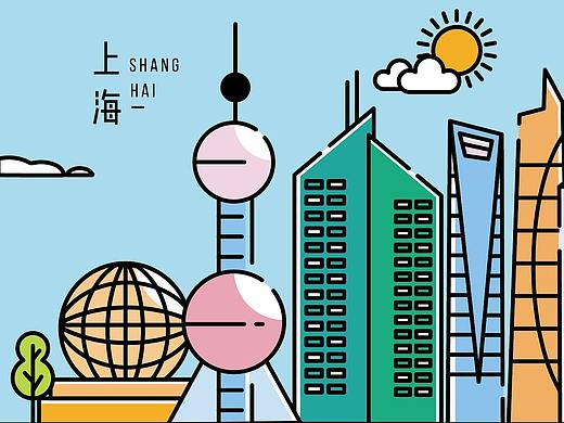 城市地标建筑矢量描边插画