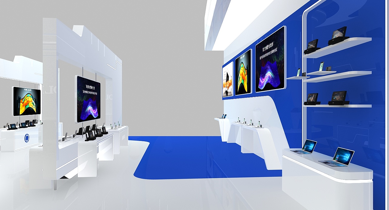 柔宇展位科技风蓝白系3d设计效果图
