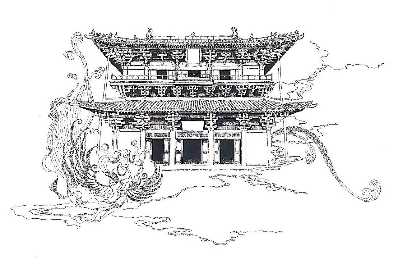 从外表看,大阁为上下两层,重楼歇山顶(九脊顶),整体外形稳重而又不失