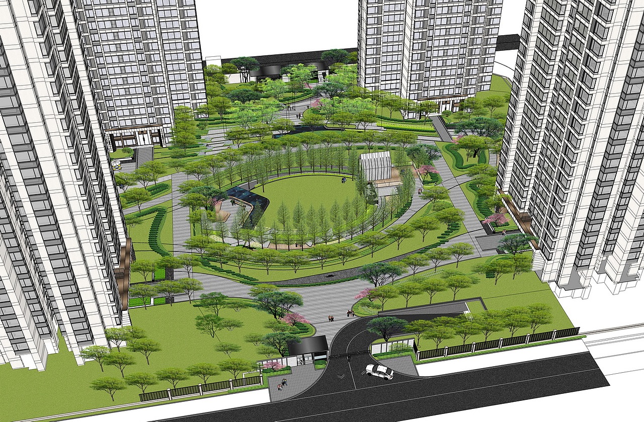 现代居住区大区景观su模型下载