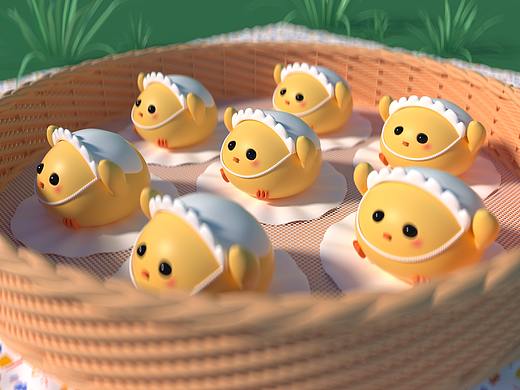 C4D卡通小鸡笼屉面包