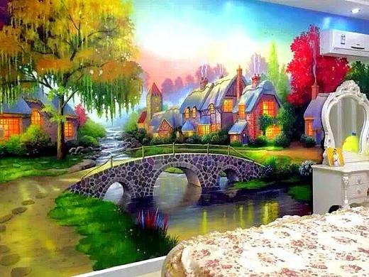 小桥流水人家，别人家的涂鸦！高档别墅墙面绘制流程图