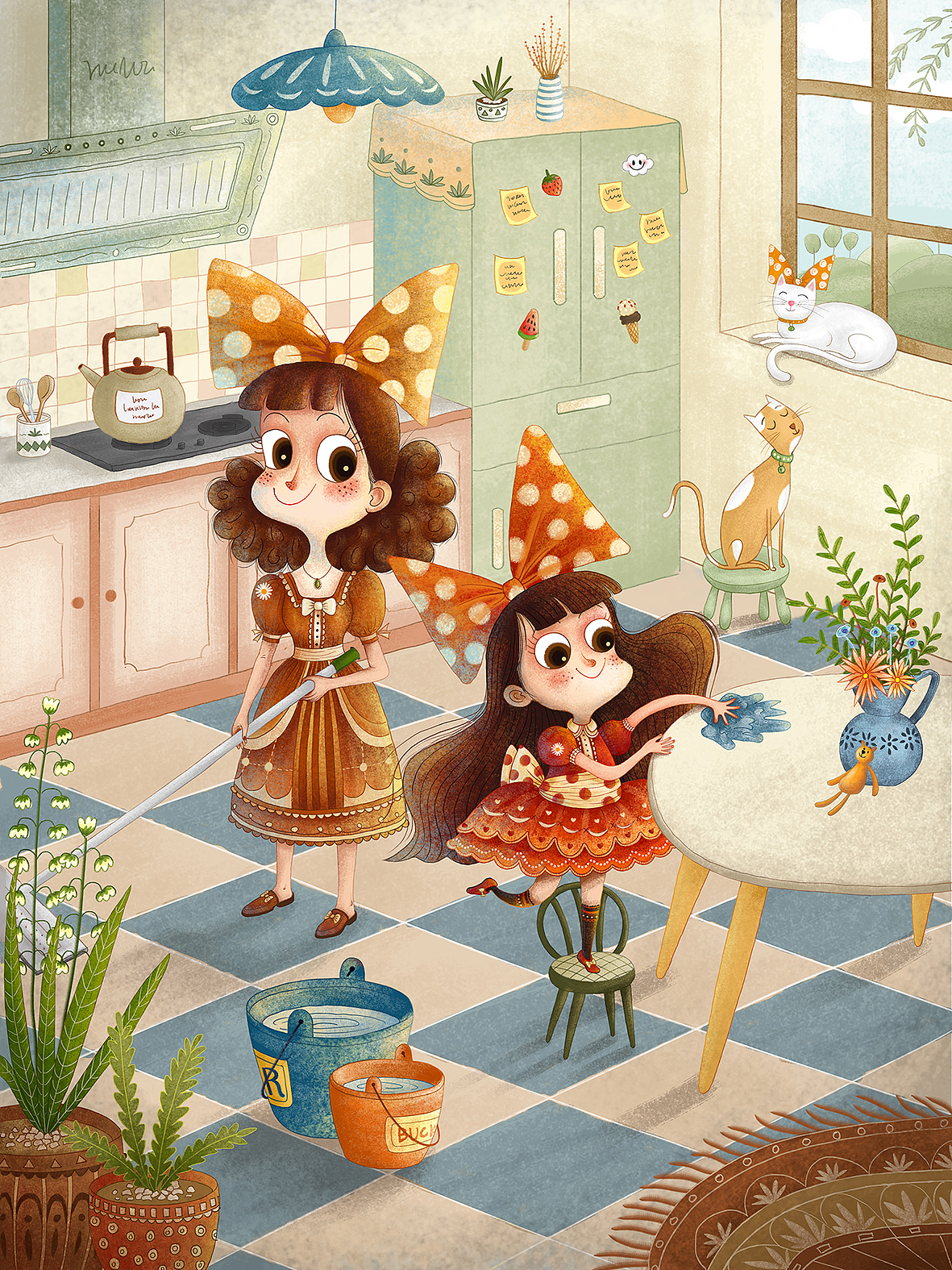 五一劳动节妈妈女儿一起做家务（图ZMjA4ODI3ODQw） - 商业插画 - 站酷设计师坤坤插画原创素材 - 站酷ZCOOL