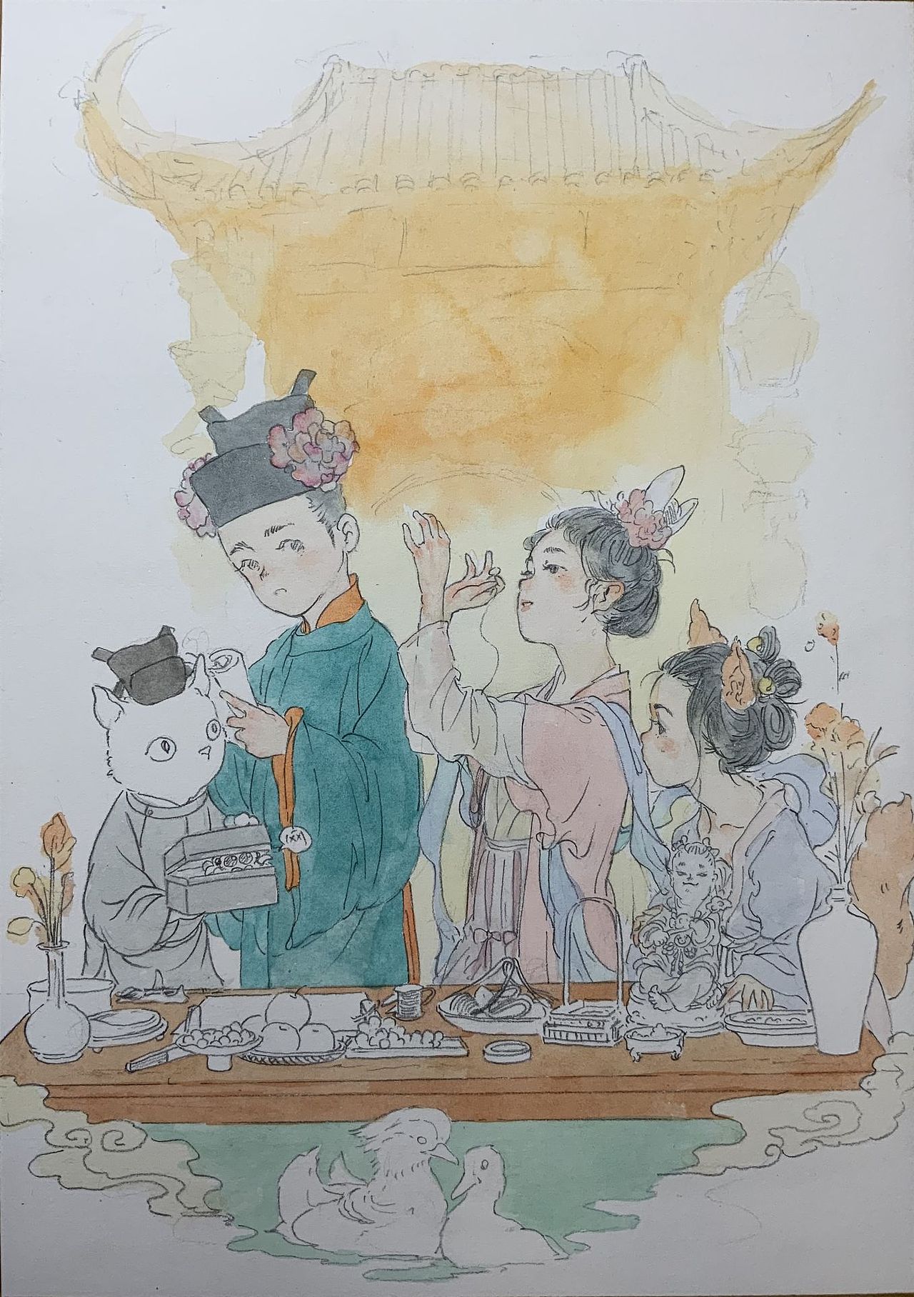 七月七夕，贵家多结彩楼于庭，谓之乞巧…（图ZMzQ5MDI3NDY0） - 艺术插画 - 站酷设计师達人原创素材 - 站酷ZCOOL