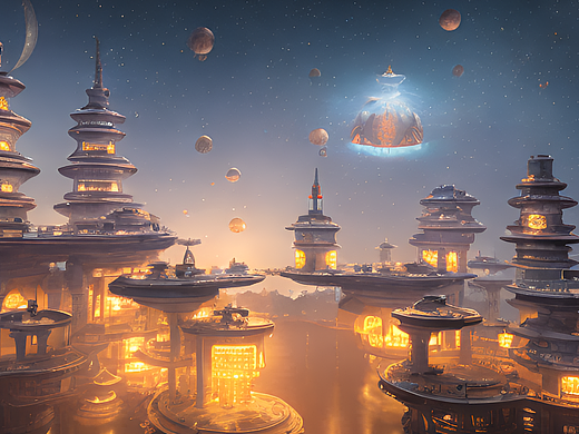 #站酷梦笔#星空 孔明灯 宫殿 空间站