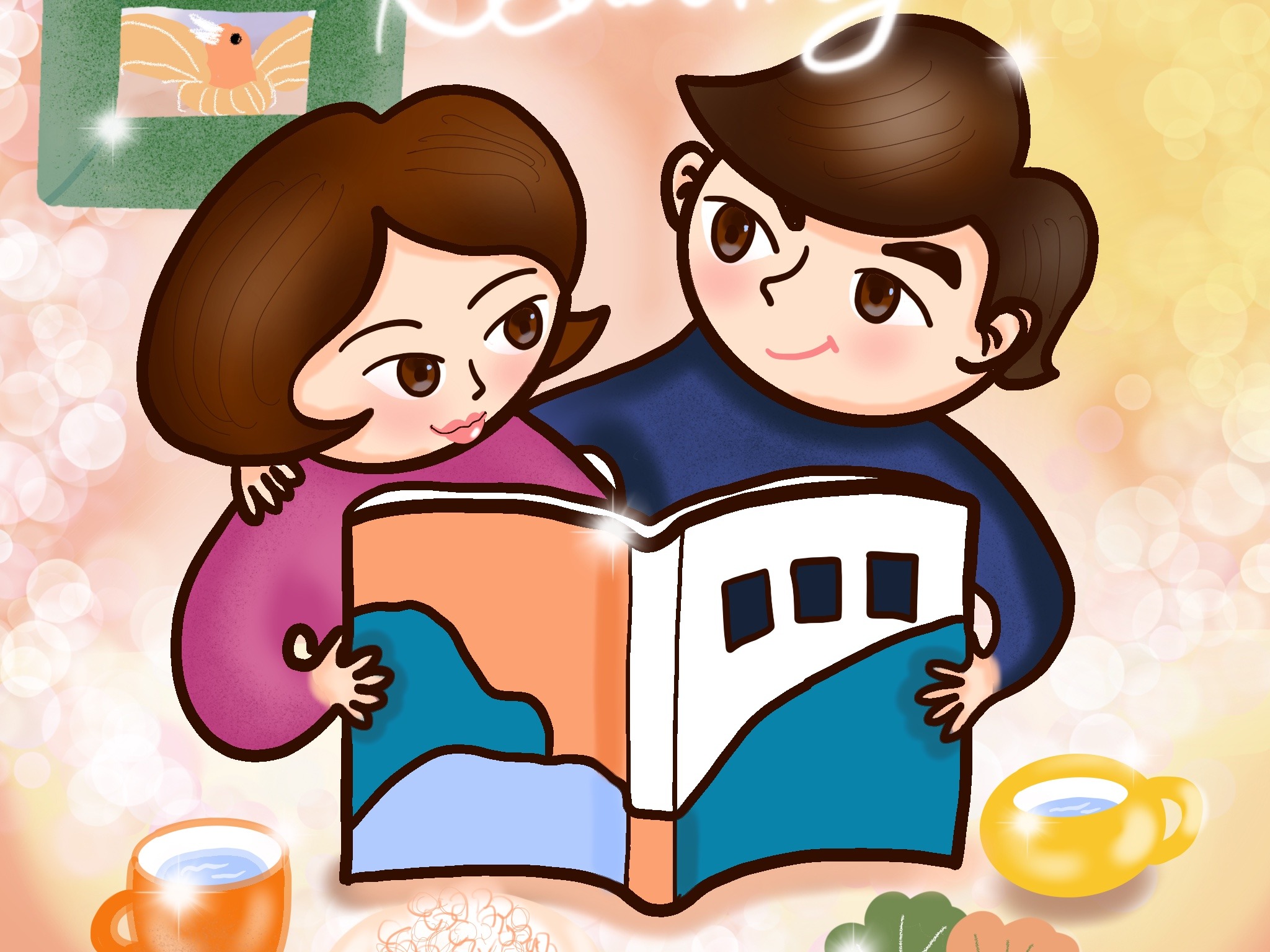 Cartoon Boy And Girl Sitting Together Reading A Book, Book, Reading Book, Cartoon Reading PNG ...