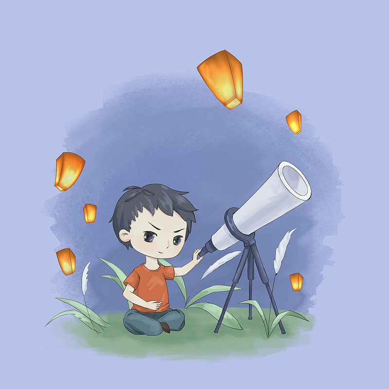 手绘夜空卡通笔记本封面观星