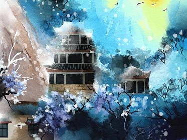 板绘水彩古风园林风景