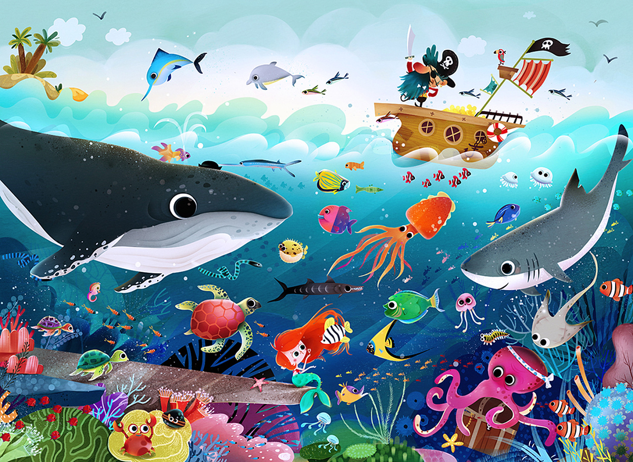 海底世界儿童画图片：鲨鱼 - 儿童创意绘画大全_创意画大全图片_可爱儿童创意画教程 - 咿咿呀呀儿童手工网