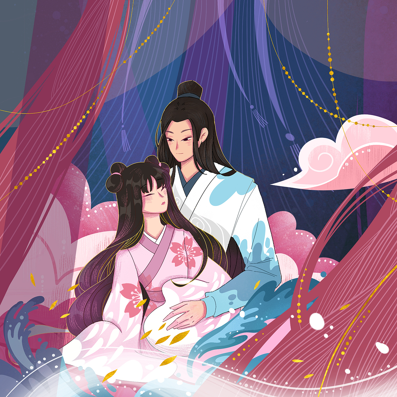 柏抱槐民間傳說-《槐娘與柏郎》系列插畫（圖ZMjY1NTcxODE2） - 繪本 - 站酷設(shè)計師爽籽VIVI原創(chuàng)素材 - 站酷ZCOOL