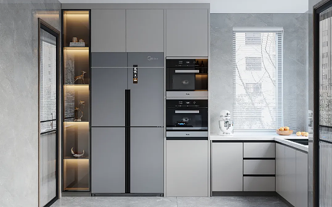 厨房采用白色橱柜搭配灰色瓷砖,突出现代质感,更显通透明亮。厨房根据空间结构将备菜区与料理区分开,使动线更加合理。冰箱与烤箱嵌入备菜区旁的顶天立地柜中,不留卫生死角,更便于日常清洁,还能增加厨房的储物空间。