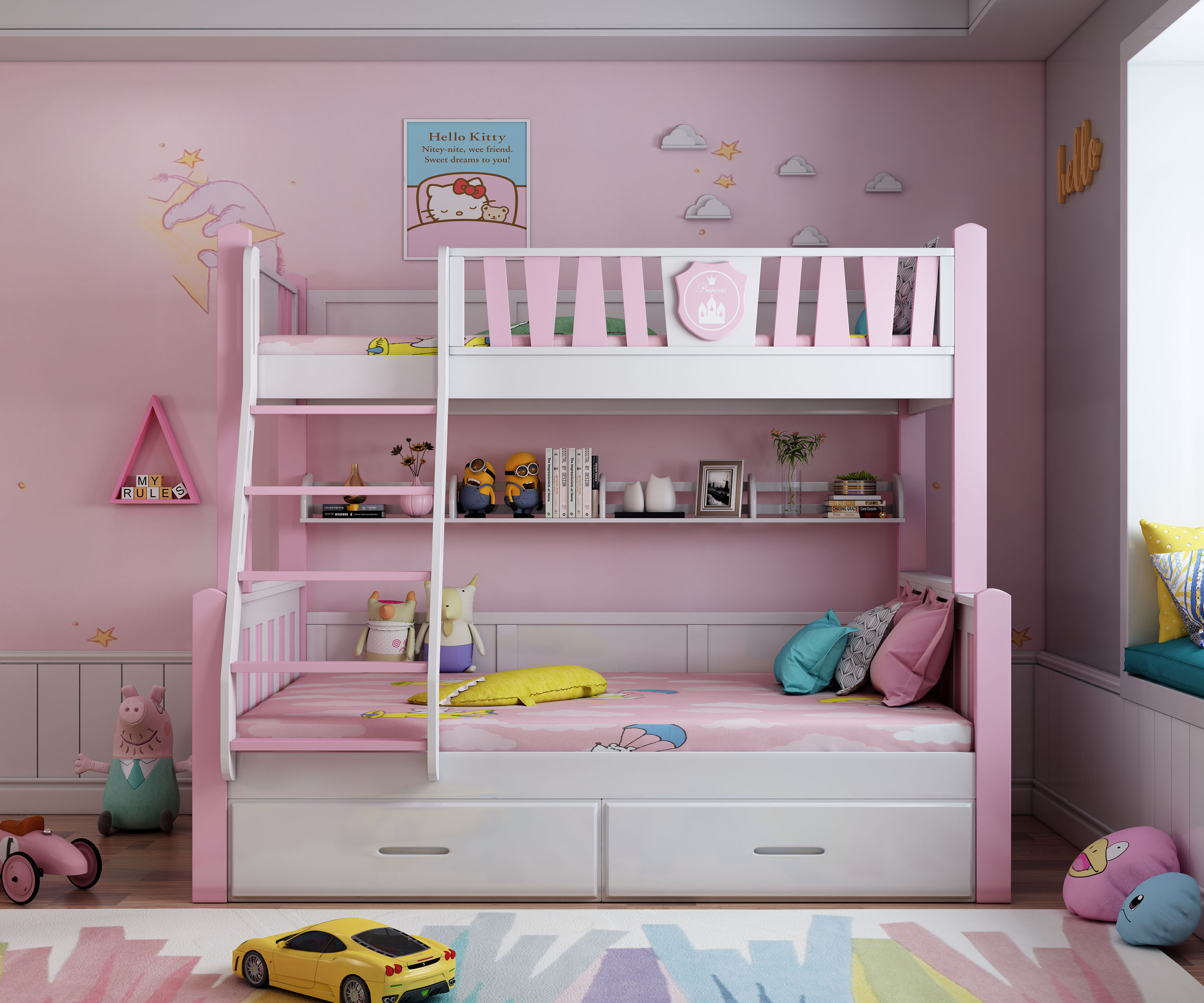 粉色子母床效果图
