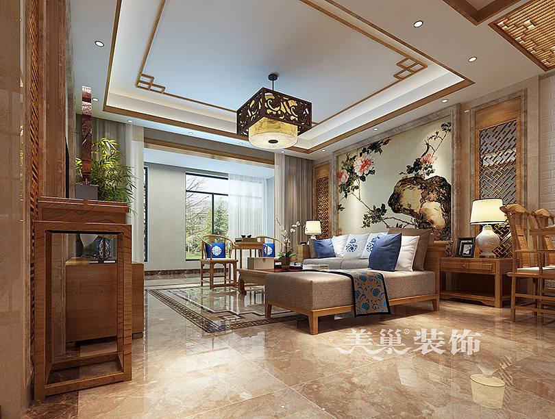 橄榄城四室新中式120平户型案例展示————沙发背景墙