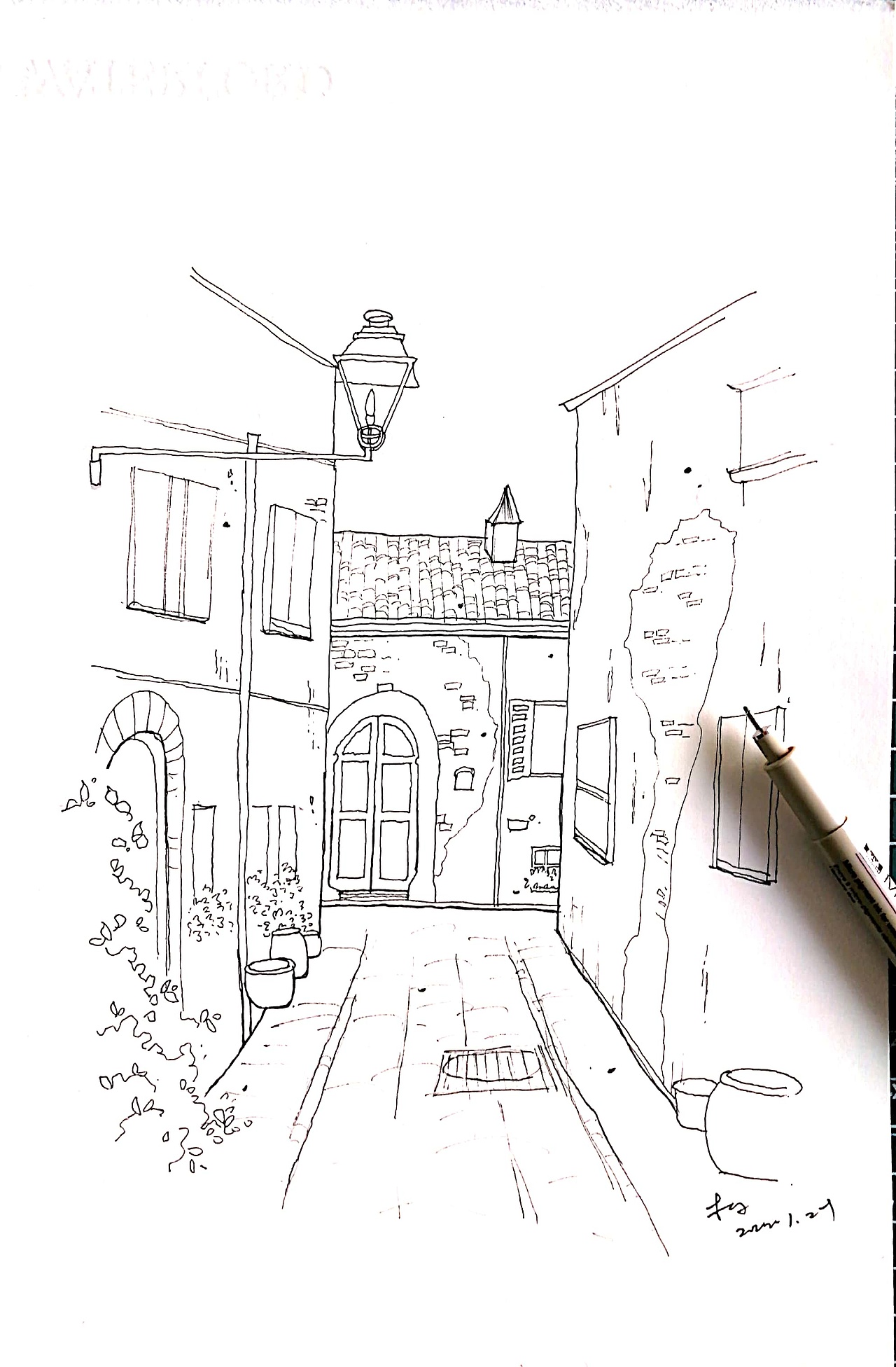 钢笔淡彩小巷子