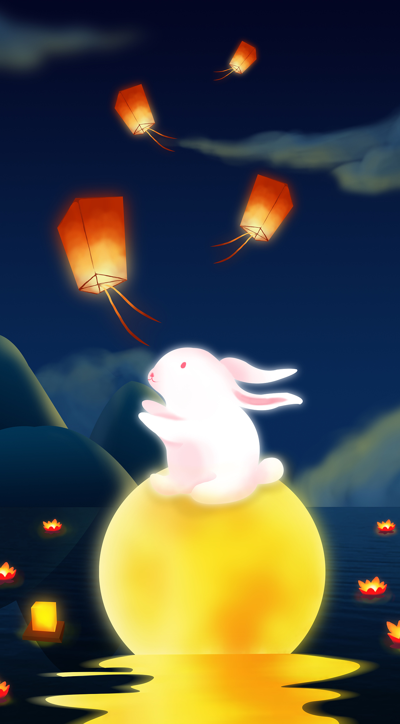 中秋节插画 坐在圆月上放灯的小兔子|插画|商业插画|月明m - 原创作品 - 站酷 (ZCOOL)