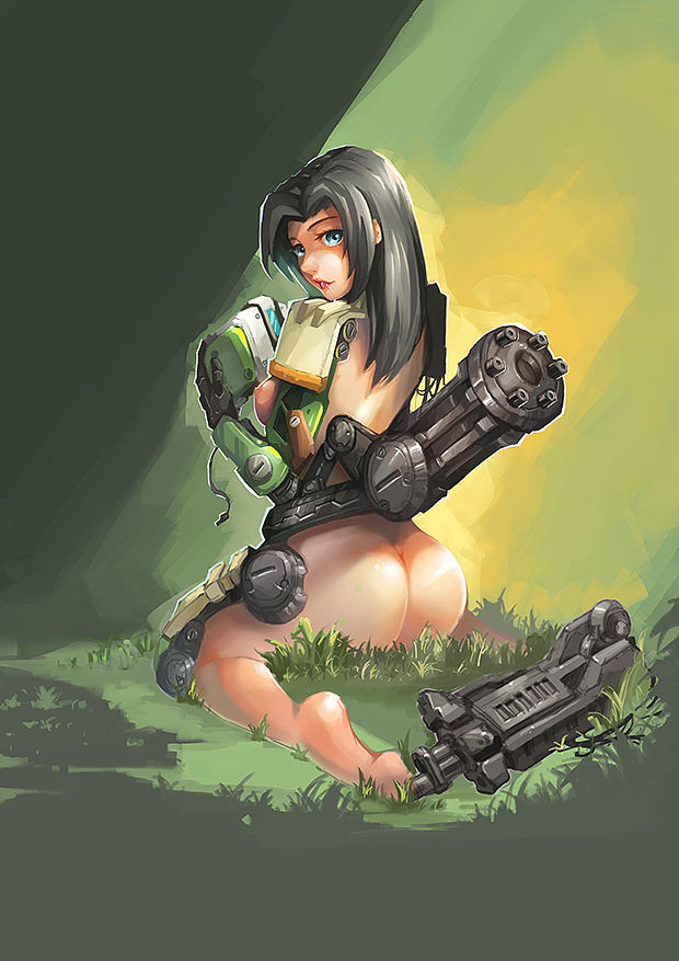 继续深入的时候记得要反复放大或缩小看图片,要有全局感,不见得非要放很大扣细节,我在这一步的时候,修改了一下角色的脸,画了一个带有挑逗性的嘴【嘿嘿】,原本是肉色的手又被我改成了机甲,更像堡垒。处理一下环境,添加打光,让环境更丰富,这样也会对人物的受光有帮助