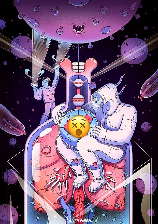 · 完稿 ·
处理明暗关系<br>优化细节<br>添加元素肌理质感<br>最后调整色彩关系<br><br>希望把爱心传递下去<br>大家一起努力早早消除病毒危机!