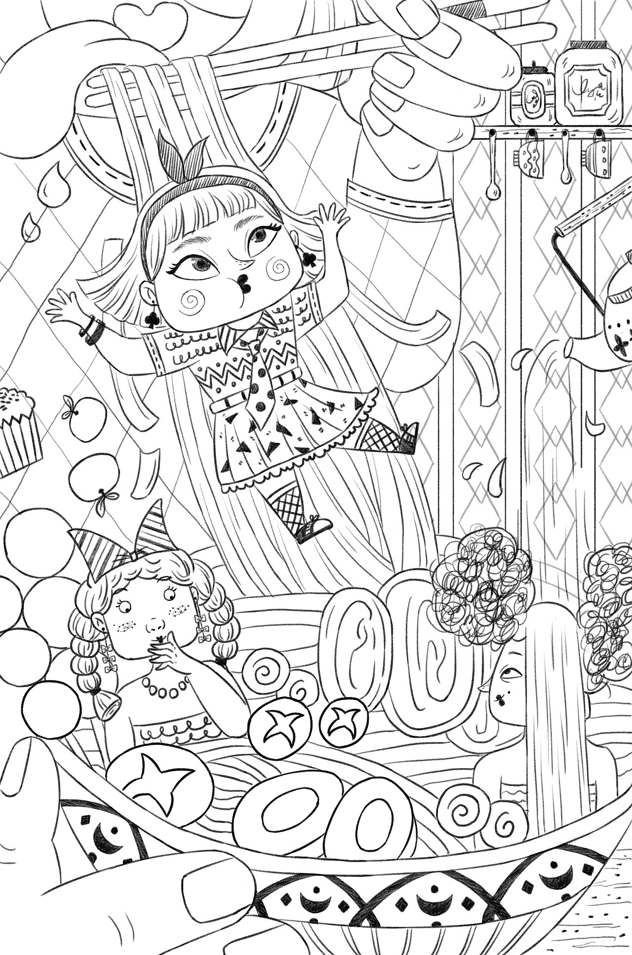 儿童插画 泡在拉面里的小人国