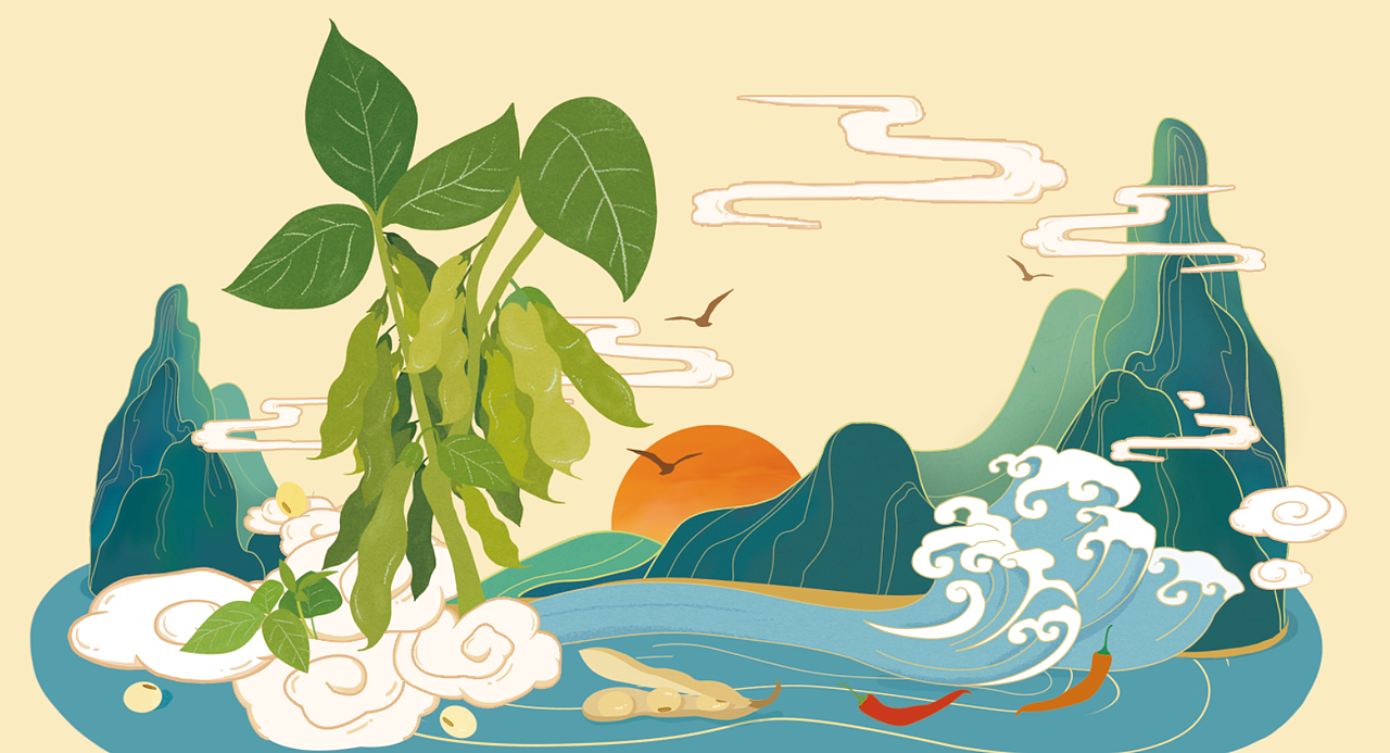 插画选用产品产地的山河元素和产品原料为元素