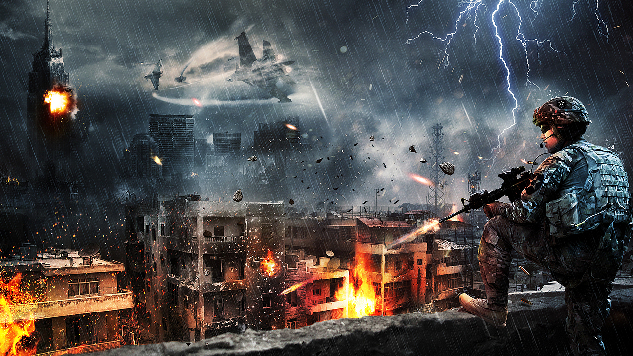 《末日之战》场景合成_练习稿_战争_枪_废墟