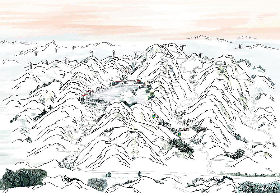 绝美的国画风九宫山手绘地图—喵星岛文创